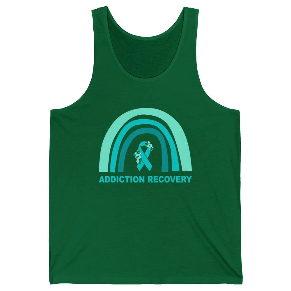 Addiction Recovery Awareness Floral Teal Ribbon Rainbow Unisex Jersey Tank