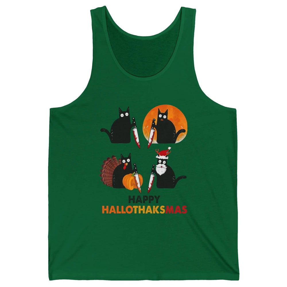 Funny Murderous Cat Turkey Hallo-thank-mas Thanksgiving Xmas Unisex Jersey Tank