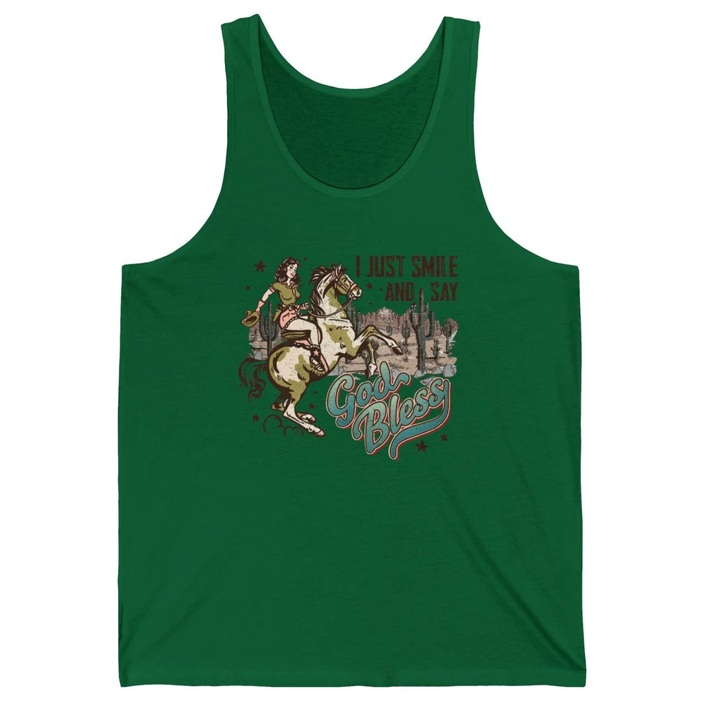 Retro Cowgirl Horsing I Just Smile And Say God Bless Western Unisex Jersey Tank