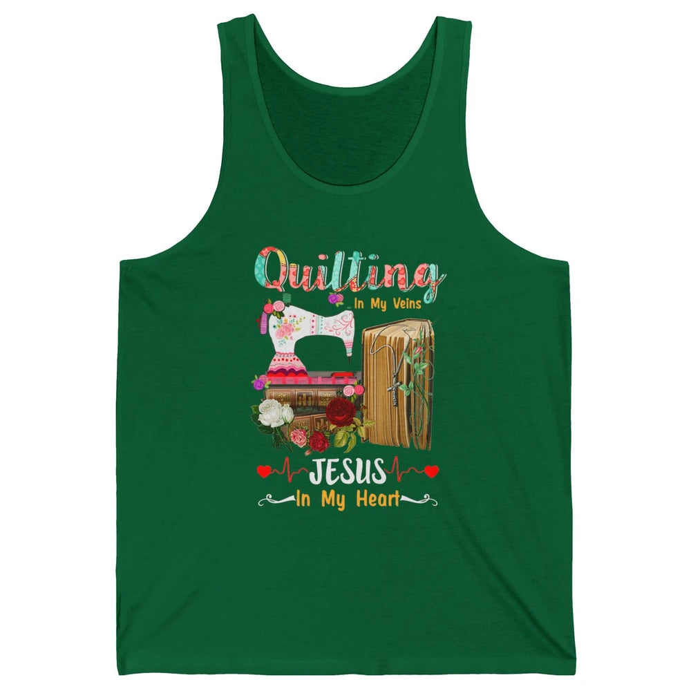 Quilting In My Veins Jesus In Heart Christian Retro Quilt Unisex Jersey Tank