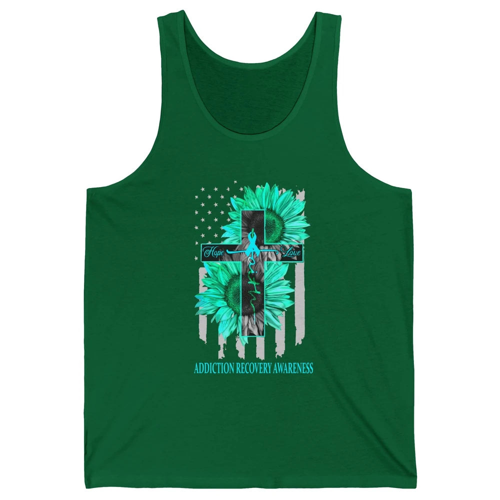 Addiction Recovery Faith Hope Love Teal US Flag Jesus Cross Unisex Jersey Tank