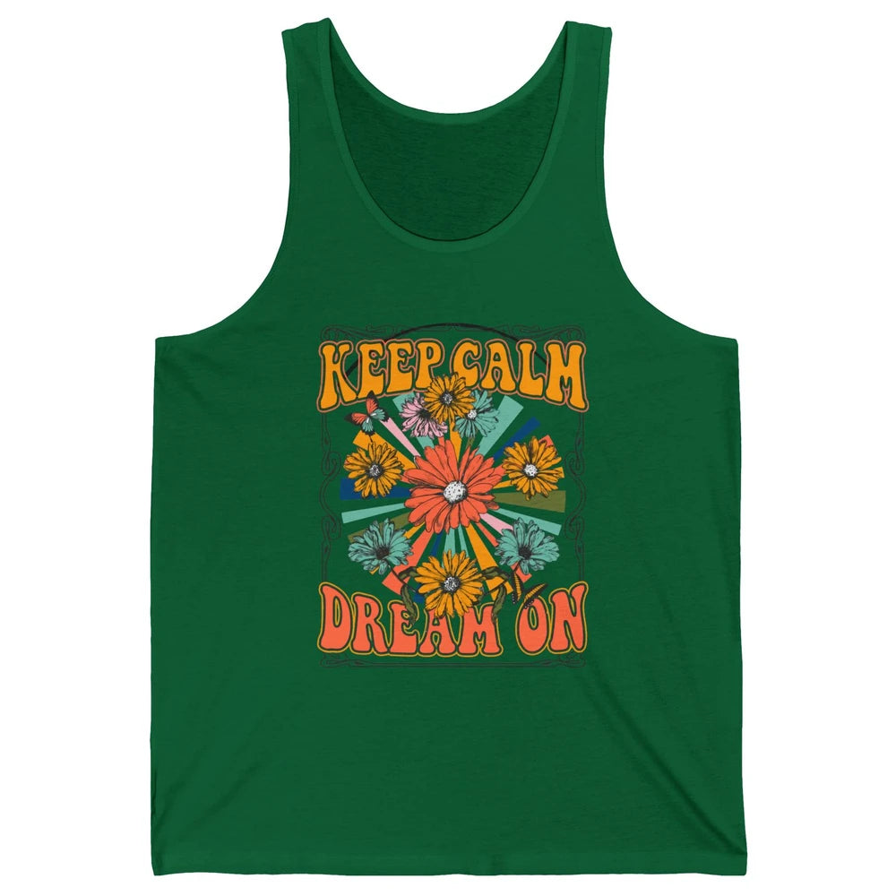 Retro Floral Rainbow Keep Calm Dream On Peace Hippie Girl Unisex Jersey Tank