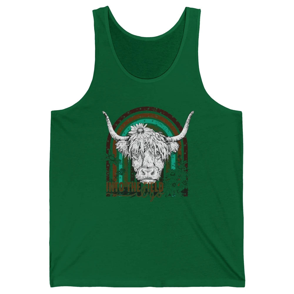 Retro Highland Cow Western Rainbow Into The Field I Go Unisex Jersey Tank
