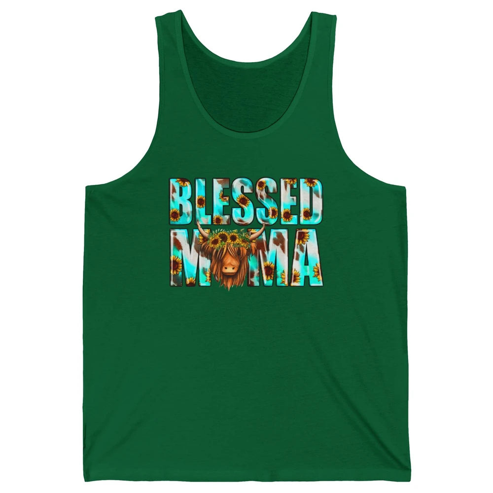Retro Sunflower Highland Cow Blessed Mama Western Cow Mama Unisex Jersey Tank
