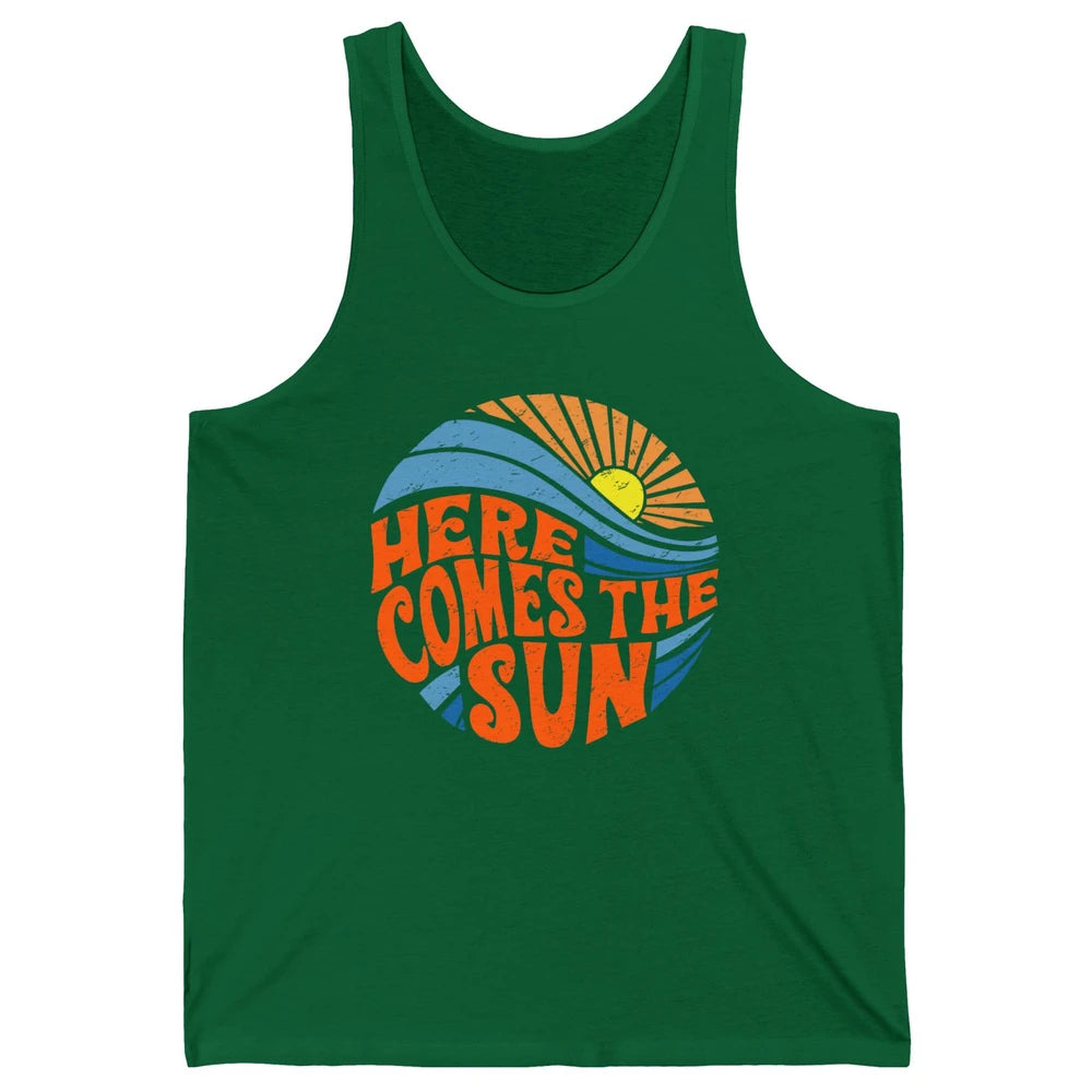 Retro Rainbow Sunrise Here Comes The Sun Hippie Girl Unisex Jersey Tank