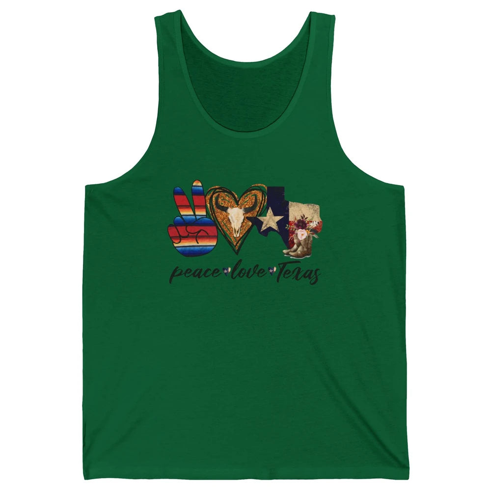 Retro Peace Love Texas Cowboy Boots Western Country Cowgirl Unisex Jersey Tank
