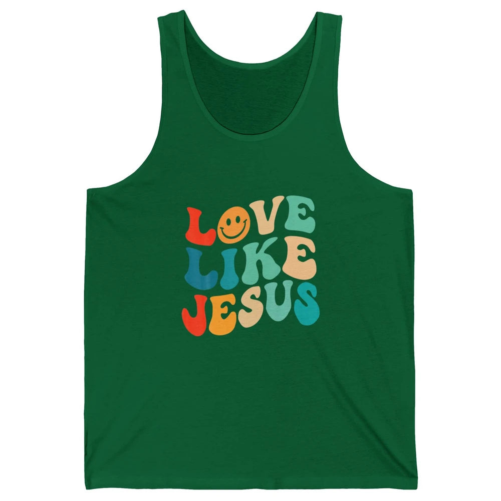 Retro Groovy Love Like Jesus Smiling Face Christ Faith God Unisex Jersey Tank