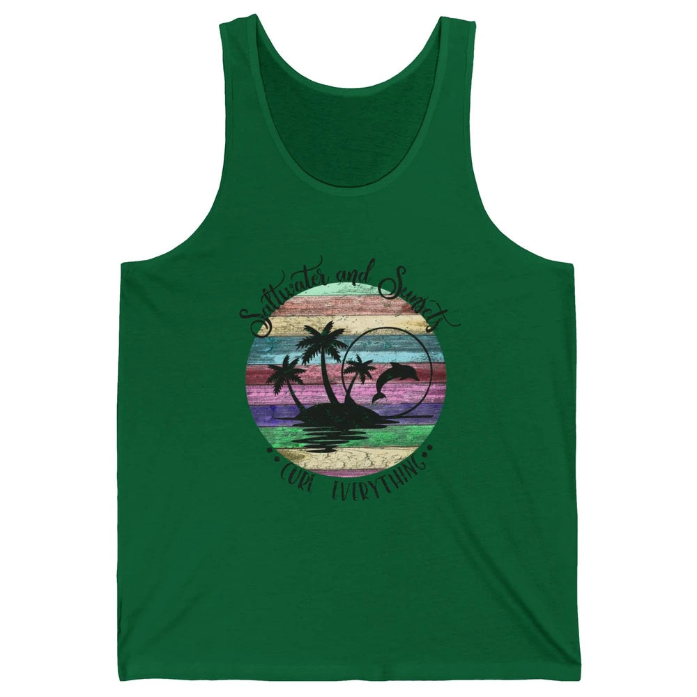 Retro Beach Sunset Saltwater and Sunsets Cure Everything Unisex Jersey Tank