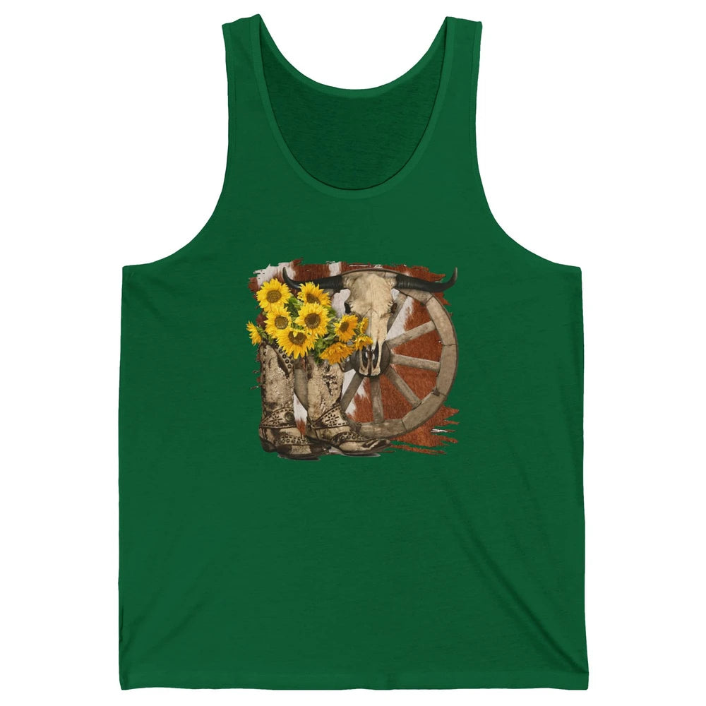 Retro Sunflower Cowgirl Boots Cow Skull Western Country Girl Unisex Jersey Tank
