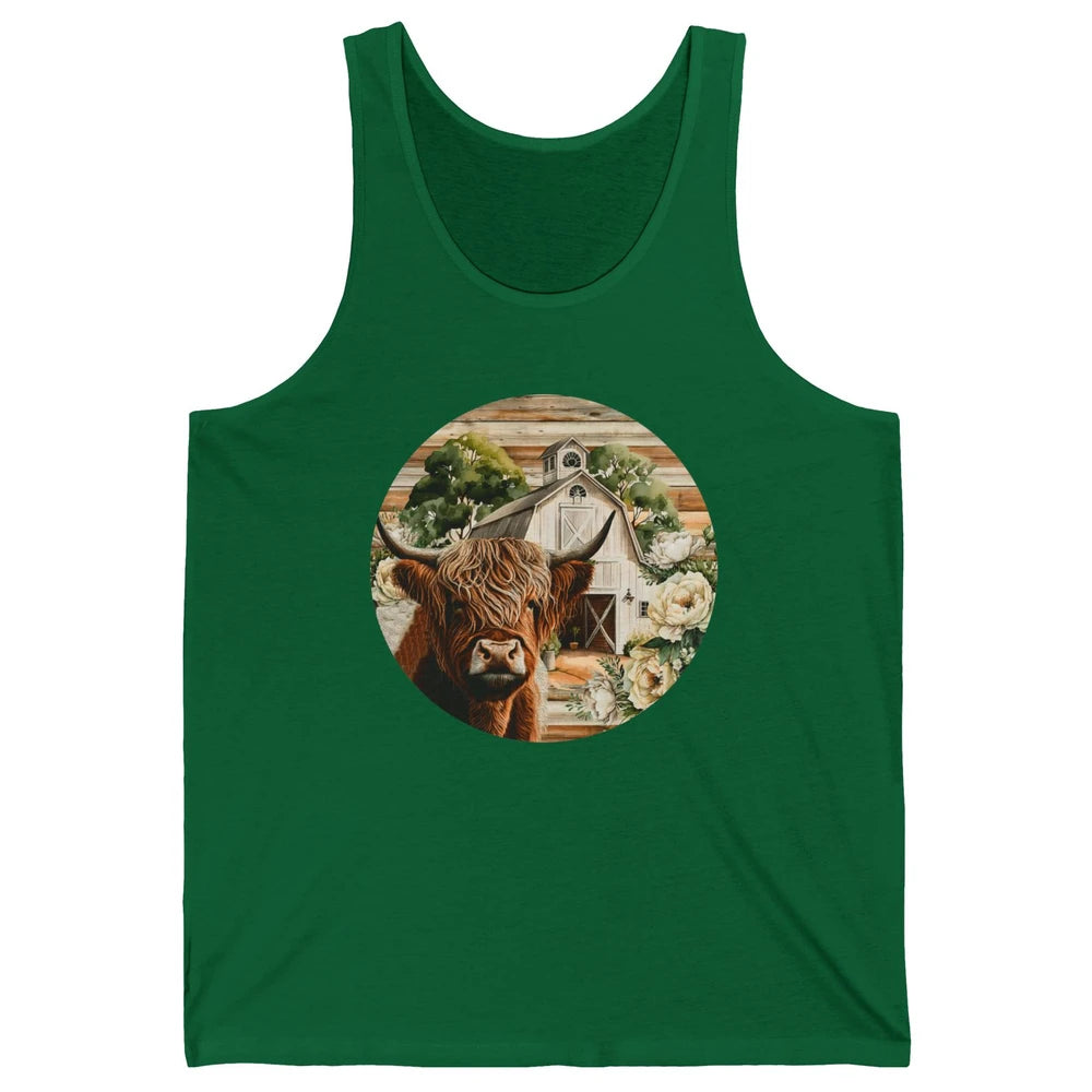 Retro Farm Highland Cow Barn House Western Country Farmer Unisex Jersey Tank