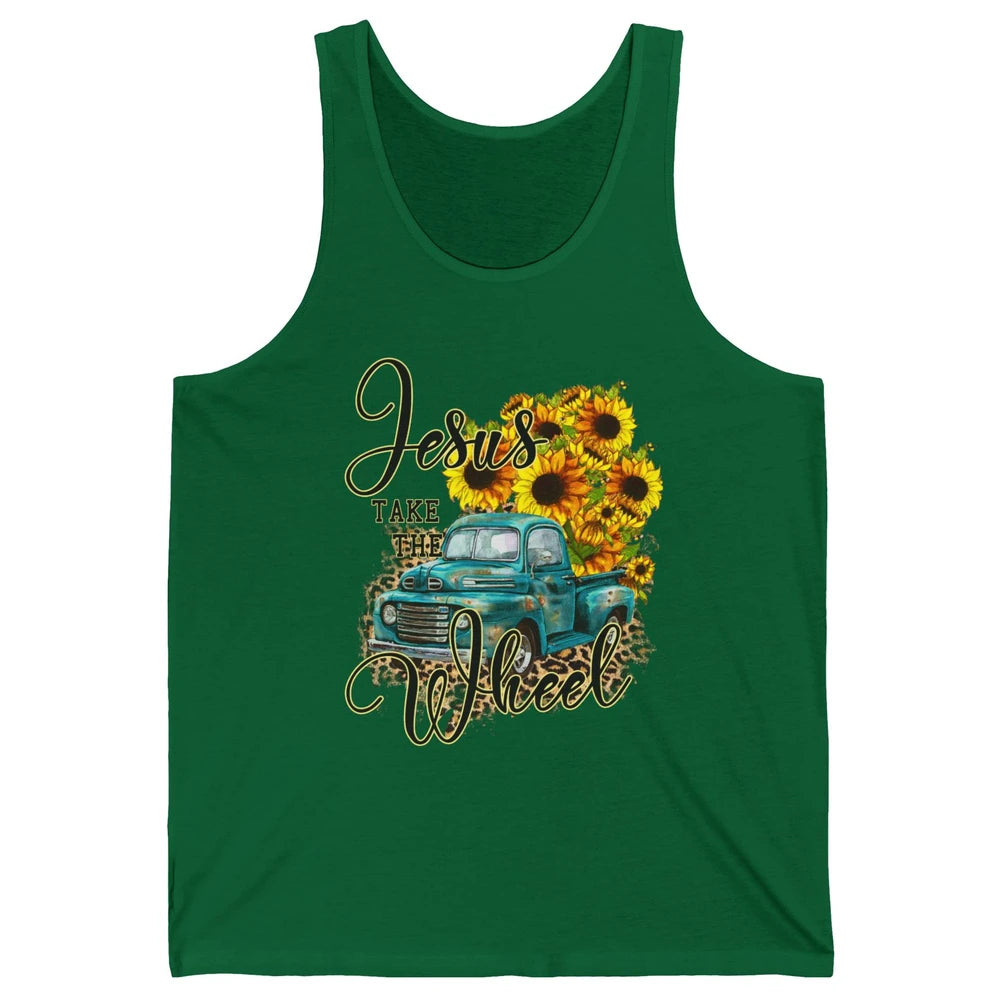 Sunflower Jesus Take The Wheel Christian Gift Leopard Print Unisex Jersey Tank