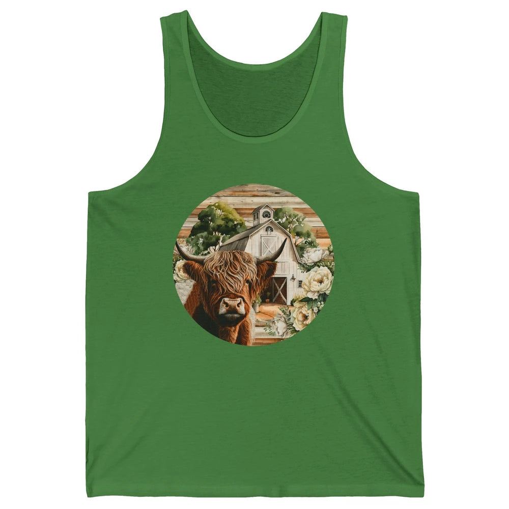 Retro Farm Highland Cow Barn House Western Country Farmer Unisex Jersey Tank