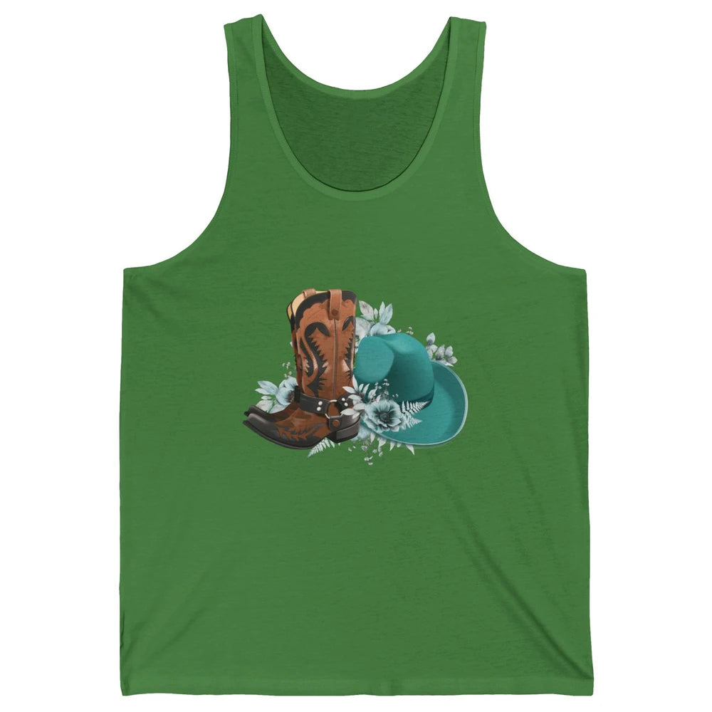 Retro Cowgirl Floral Turquoise Cowboy Boots Rodeo Western Unisex Jersey Tank