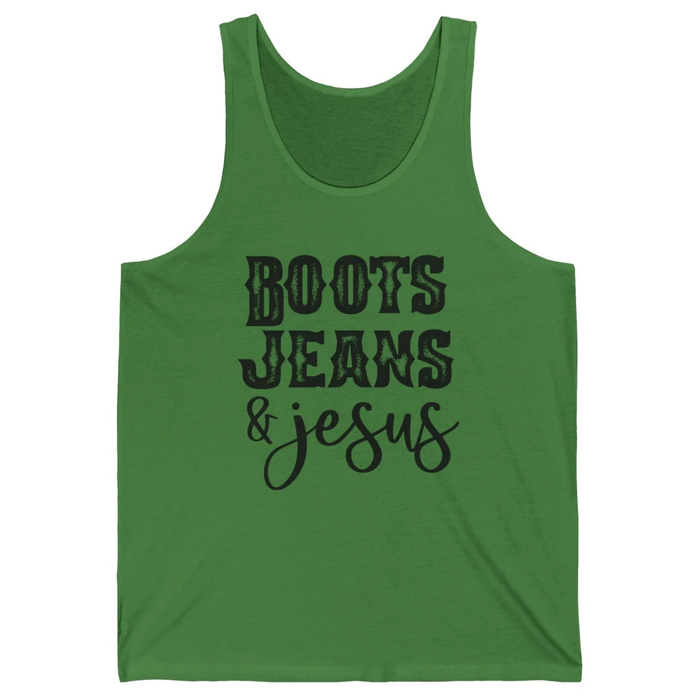 Retro Boots Jeans and Jesus Christian Western Country Cowboy Unisex Jersey Tank