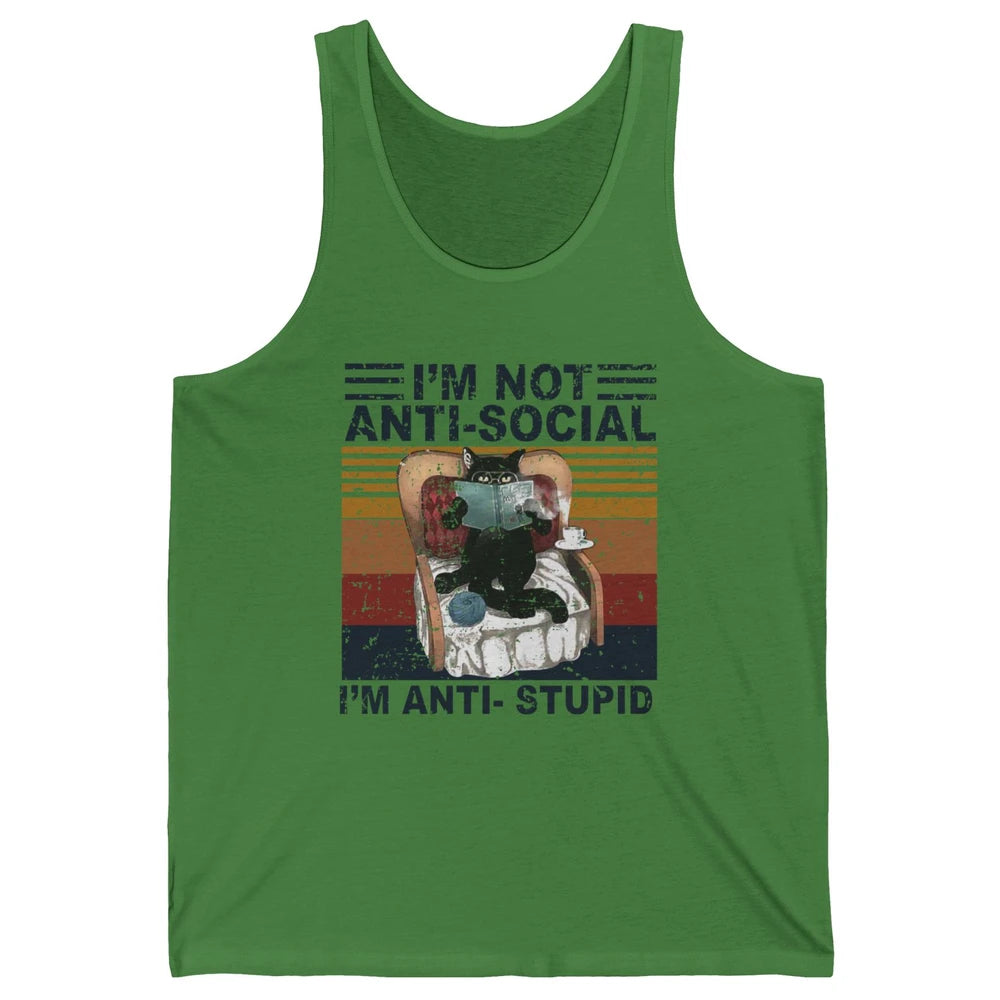 Retro Cat Reading I'm Not Anti-Social I'm Anti-Stupid Book Unisex Jersey Tank