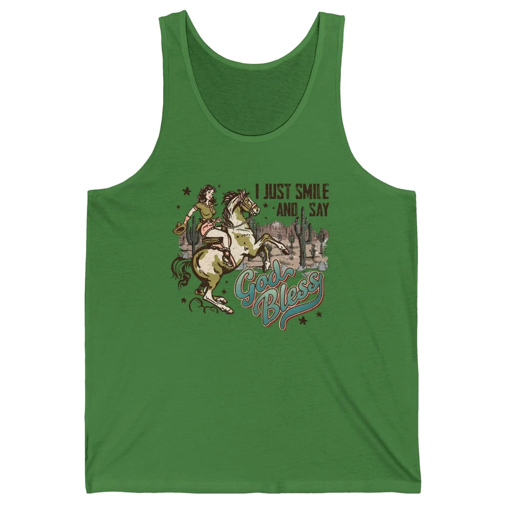 Retro Cowgirl Horsing I Just Smile And Say God Bless Western Unisex Jersey Tank