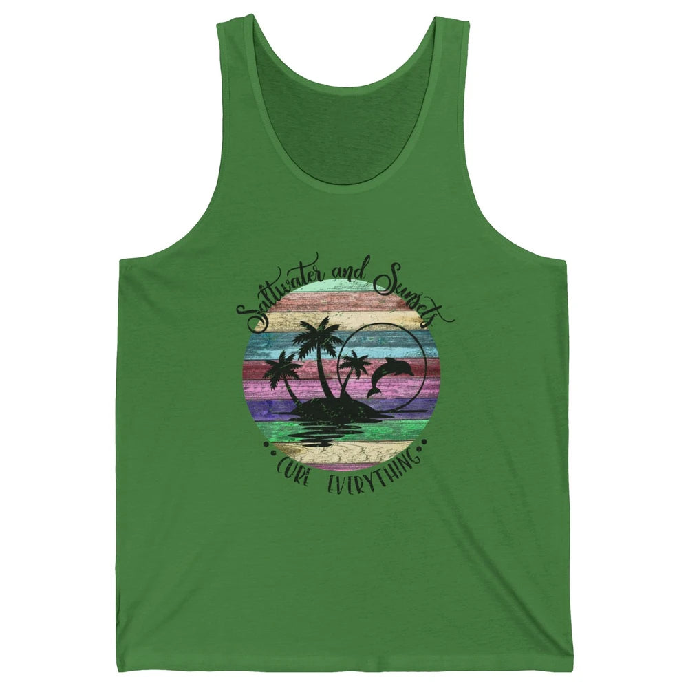 Retro Beach Sunset Saltwater and Sunsets Cure Everything Unisex Jersey Tank
