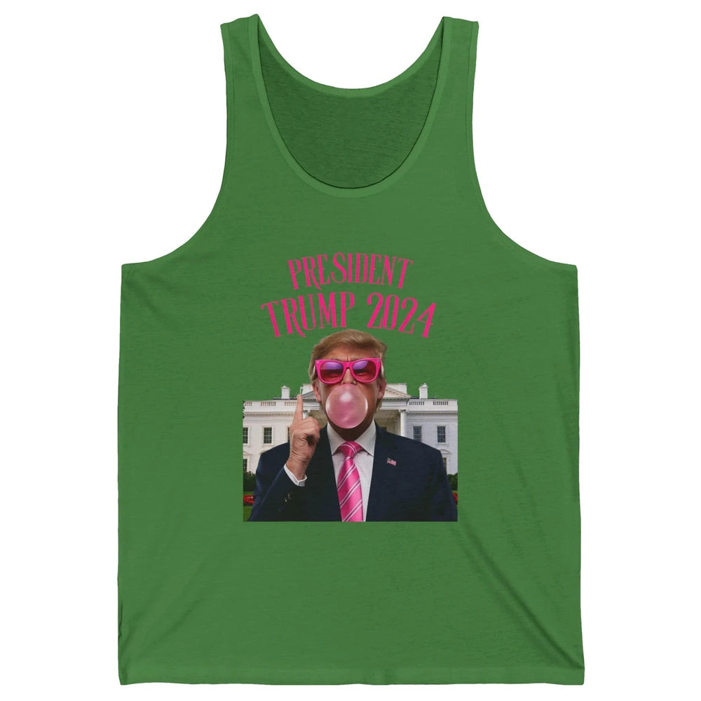 President Trump 2024 Blowing Bubble Gum Funny Trump Won Sarcastic Chewing Gum Pink Sunglasses Political Unisex Jersey Tank