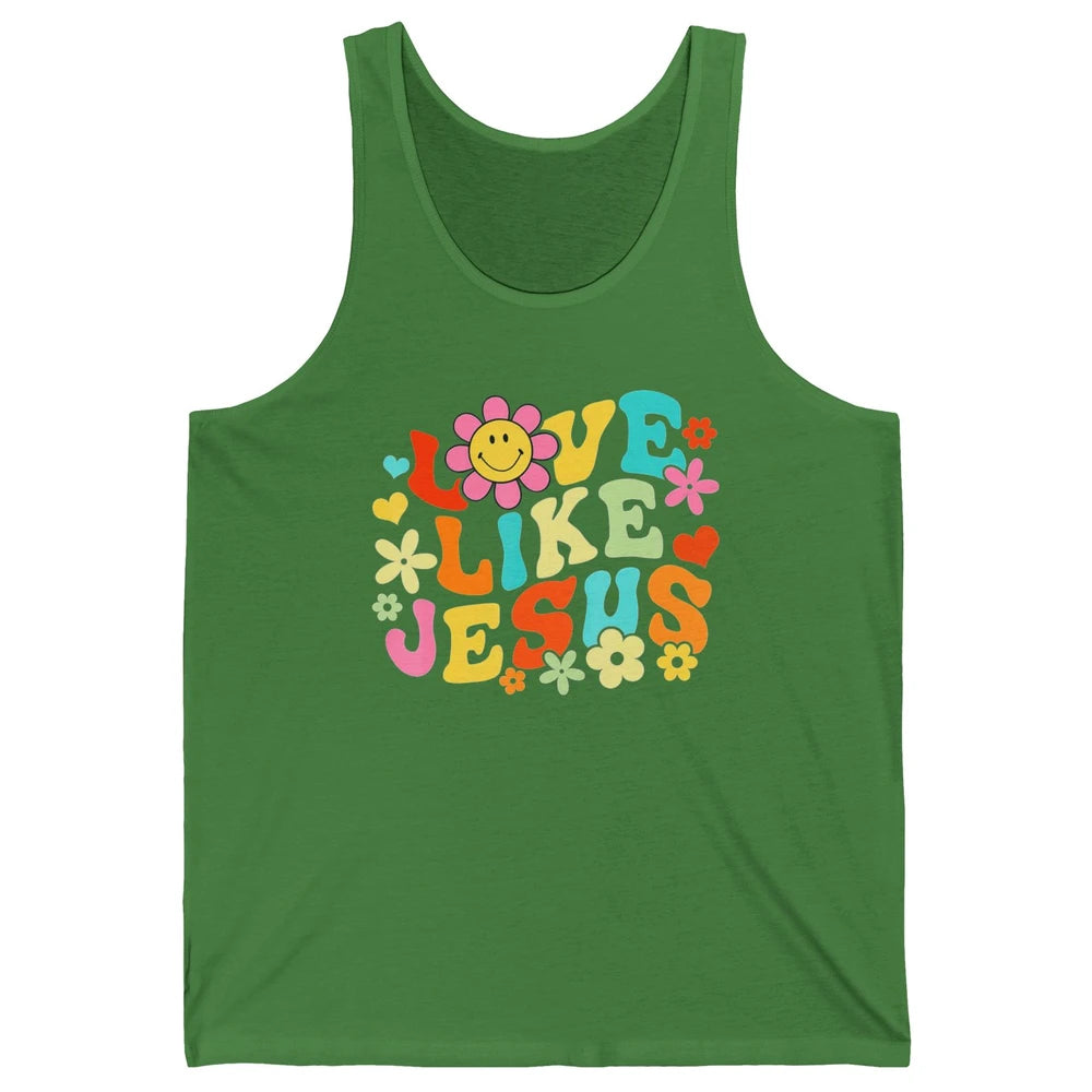 Retro Groovy Love Like Jesus Smiling Face Daisy Boho God Unisex Jersey Tank
