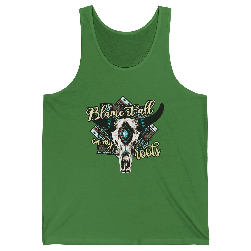 Retro Boot Blame It All On My Root Cow Skull Western Cowboy Unisex Jersey Tank