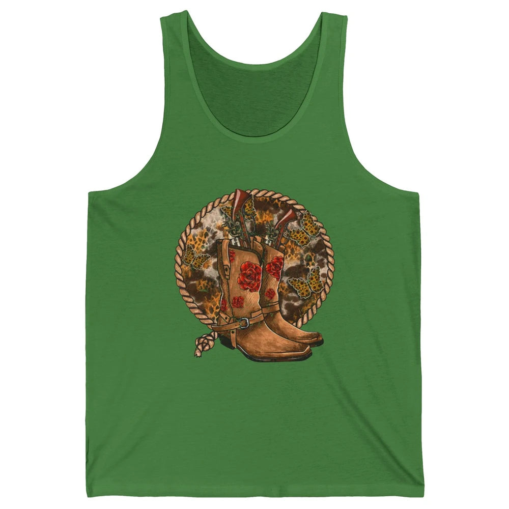 Retro Leopard Cowgirl Boots Sunflower Rodeo Western Country Unisex Jersey Tank