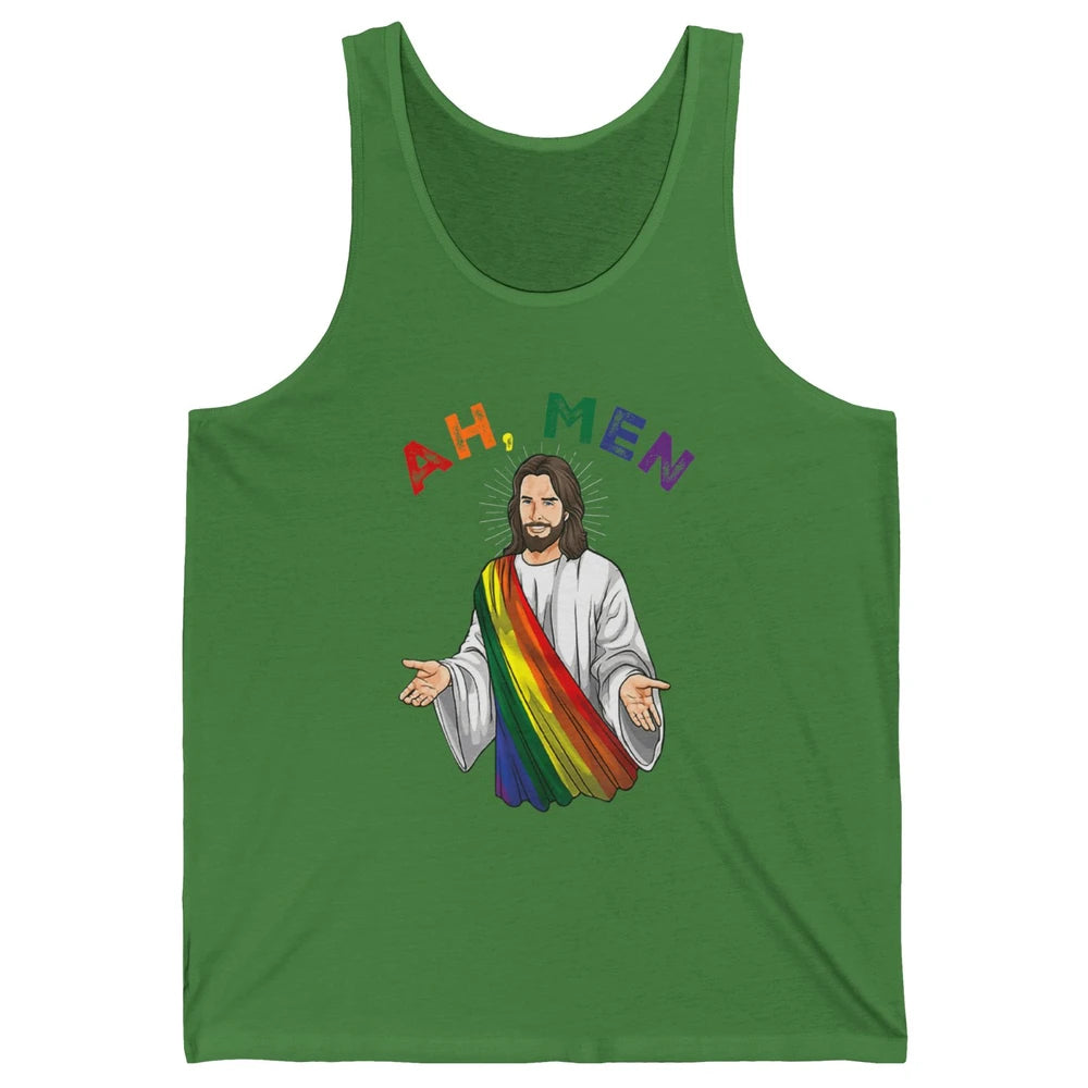 Ah Men LGBT Gay Pride Jesus Christian God Rainbow Flag Love Unisex Jersey Tank