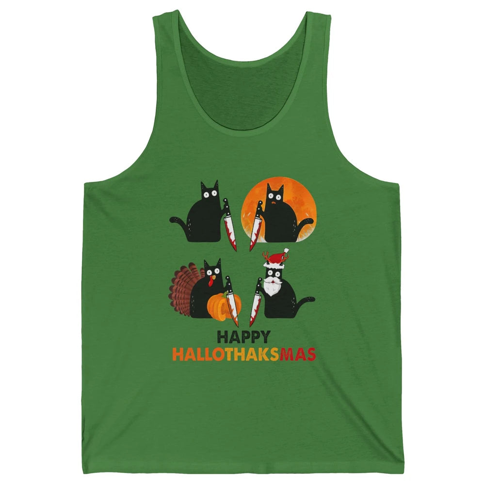 Funny Murderous Cat Turkey Hallo-thank-mas Thanksgiving Xmas Unisex Jersey Tank
