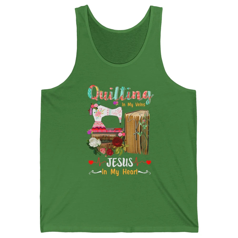 Quilting In My Veins Jesus In Heart Christian Retro Quilt Unisex Jersey Tank