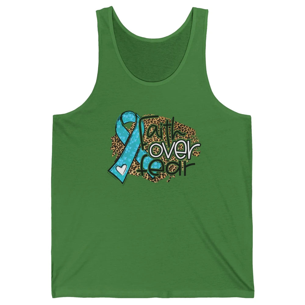 Ovarian Cancer Awareness Faith Over Fear Teal Ribbon Leopard Unisex Jersey Tank