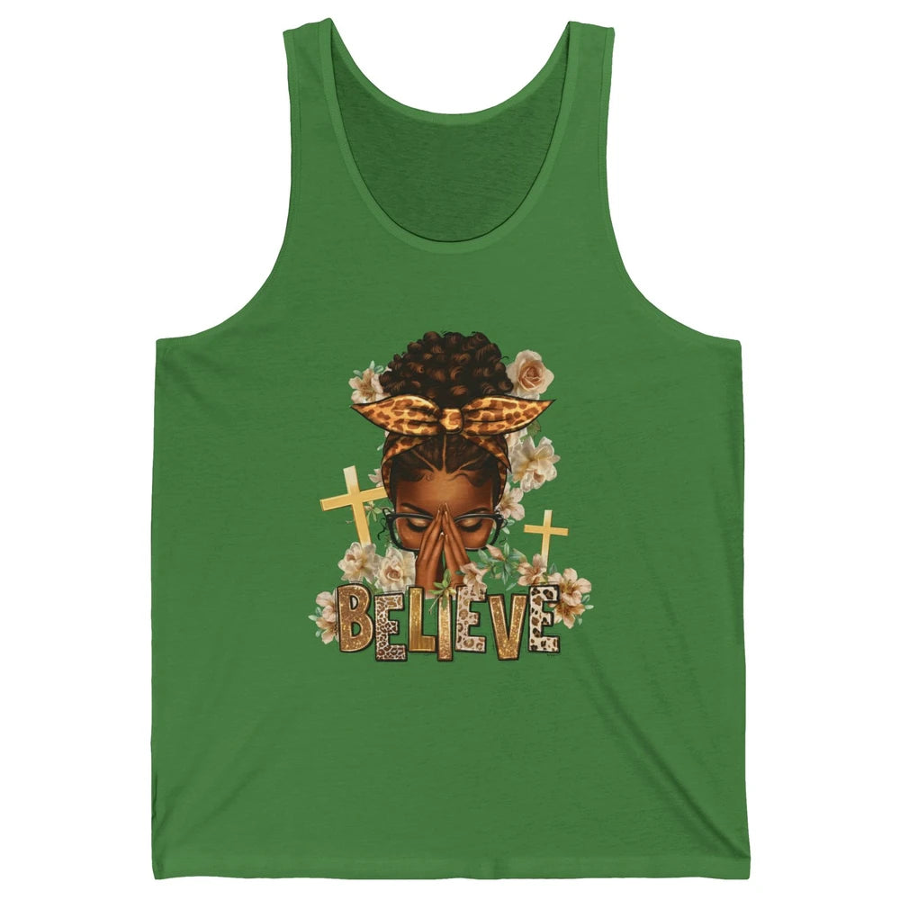 Floral Leopard Afro Messy Bun Believe Christian Religious Unisex Jersey Tank