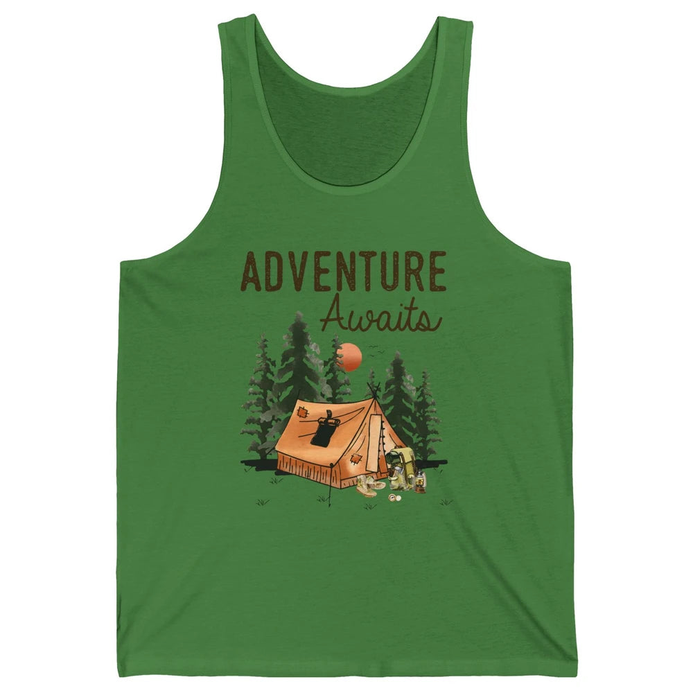Retro Camping Tent Mountain Sunset Adventure Awaits Campers Unisex Jersey Tank