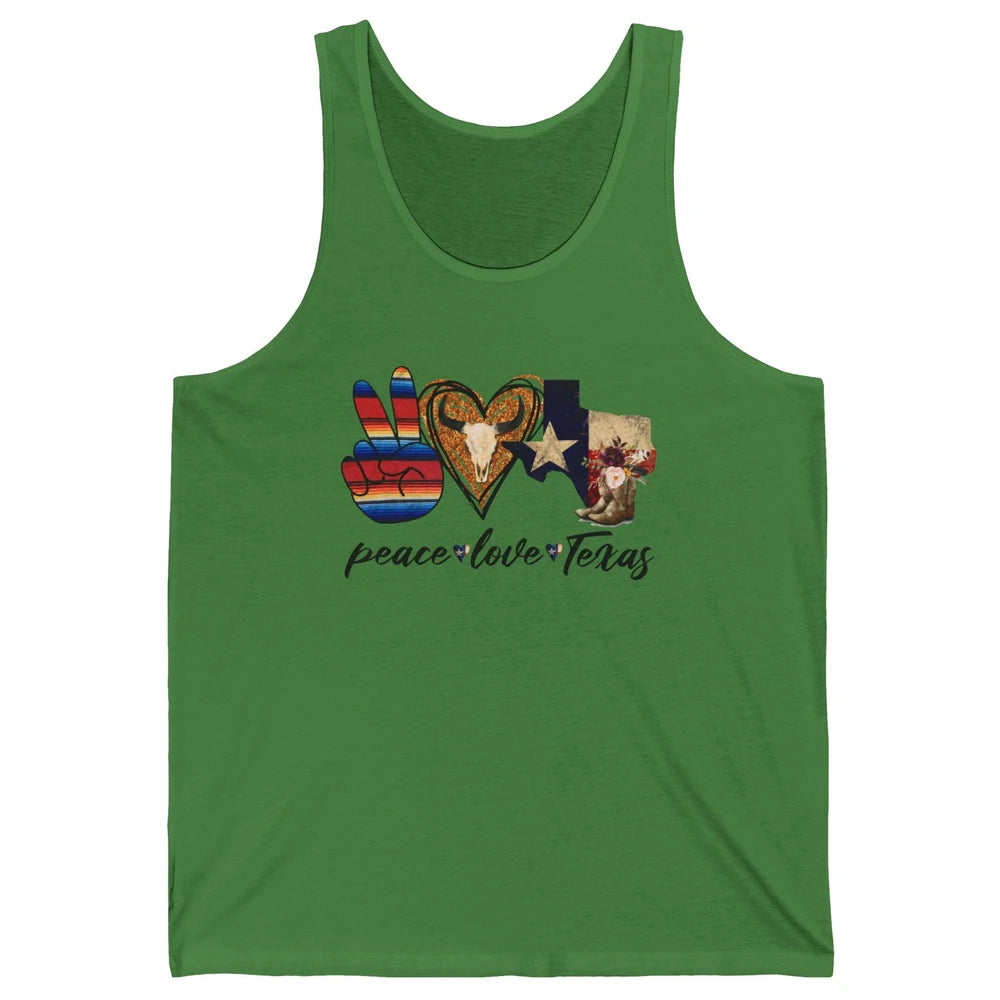 Retro Peace Love Texas Cowboy Boots Western Country Cowgirl Unisex Jersey Tank