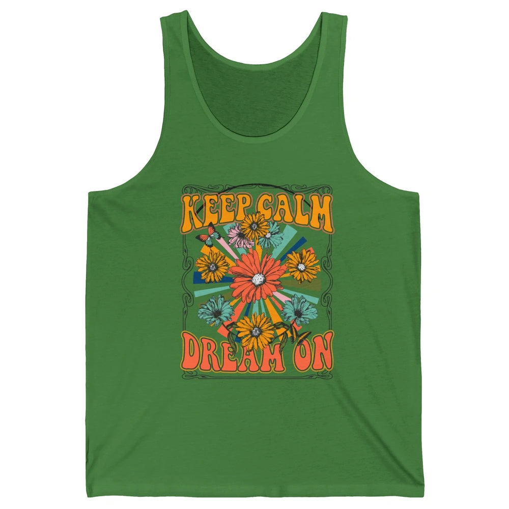 Retro Floral Rainbow Keep Calm Dream On Peace Hippie Girl Unisex Jersey Tank