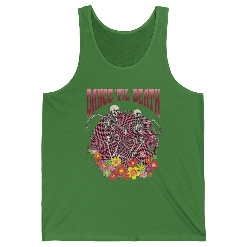 Retro Dancing Skeletons Dance Til Death Groovy Daisy Floral Unisex Jersey Tank