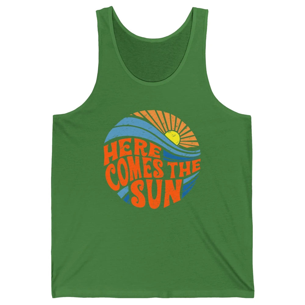 Retro Rainbow Sunrise Here Comes The Sun Hippie Girl Unisex Jersey Tank