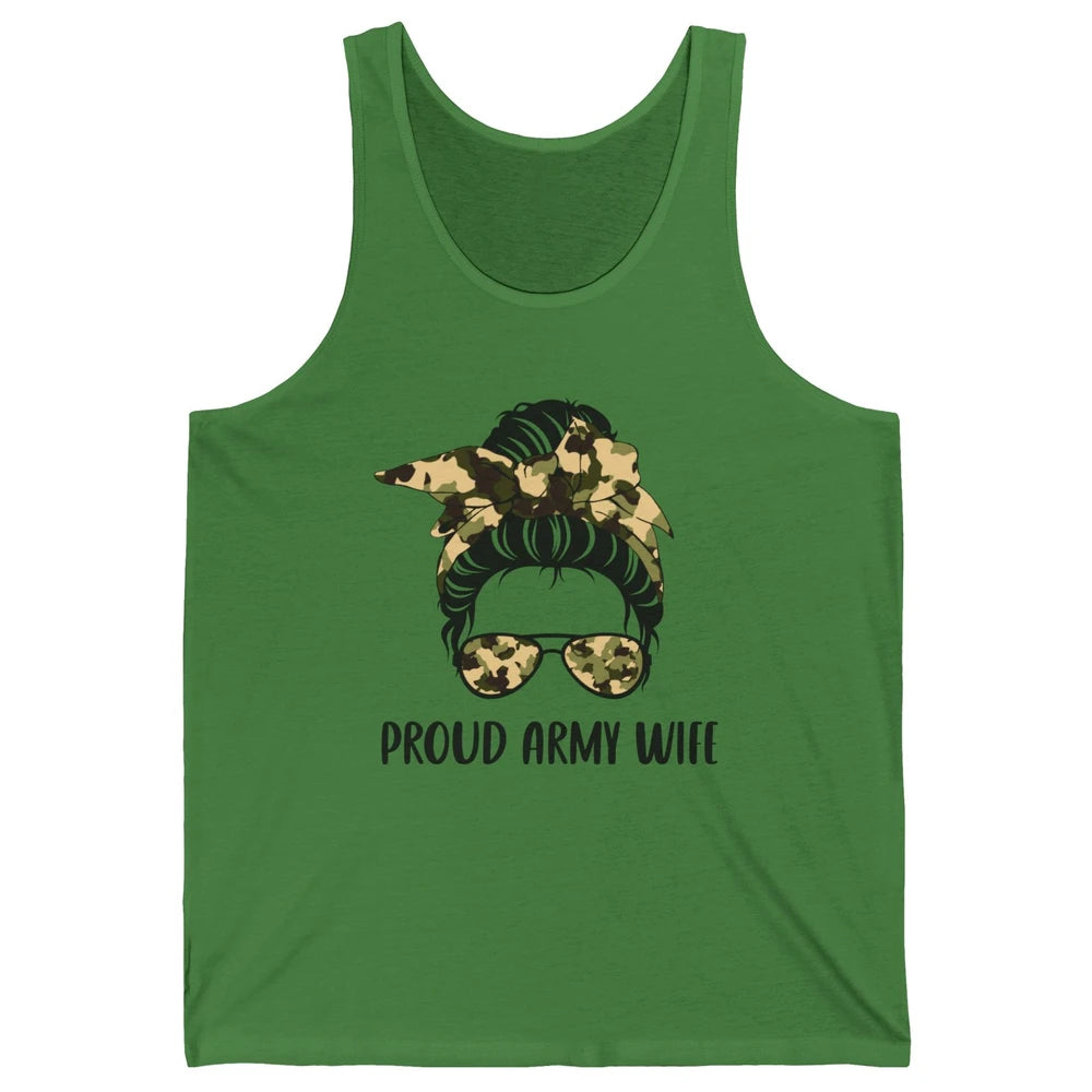 Proud Army Wife Messy Bun Hair Proud Wife Of A US Soldier Unisex Jersey Tank