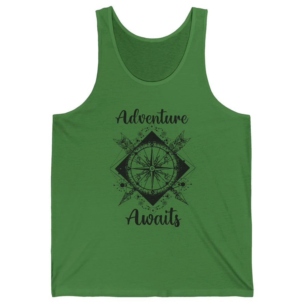 Retro Compass Mountain Adventure Awaits Camping Hiking Lover Unisex Jersey Tank