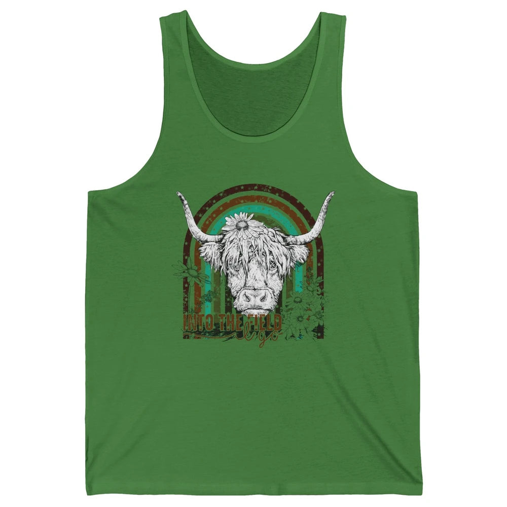 Retro Highland Cow Western Rainbow Into The Field I Go Unisex Jersey Tank