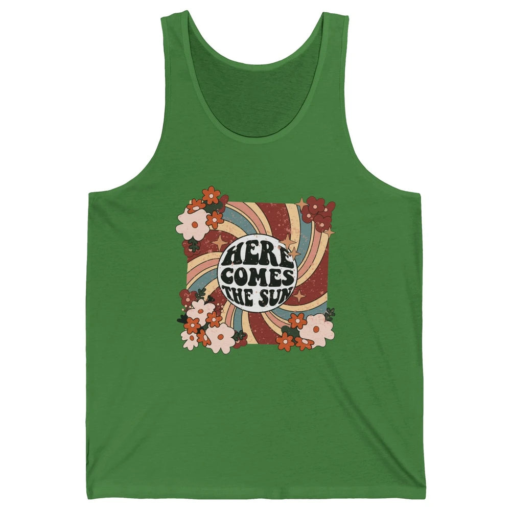 Retro Rainbow Sunrise Here Come The Sun Hippie Inspirational Unisex Jersey Tank