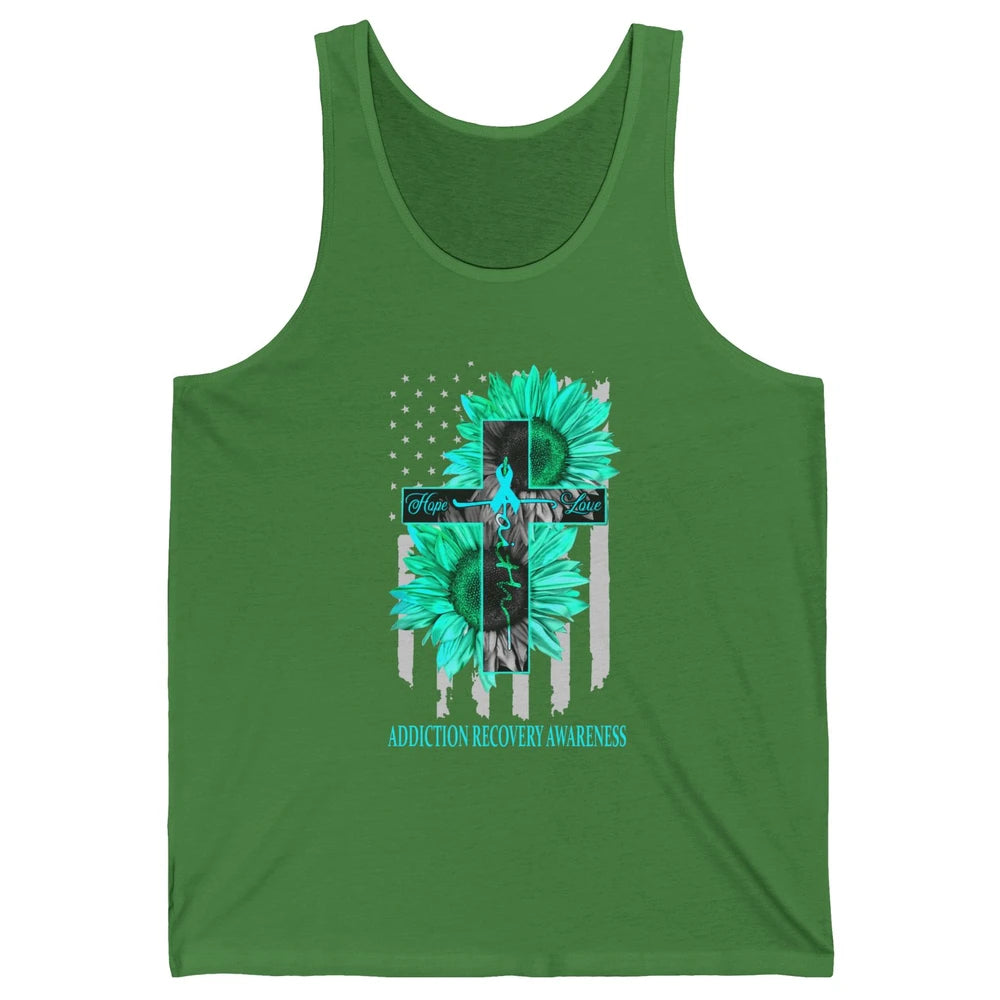 Addiction Recovery Faith Hope Love Teal US Flag Jesus Cross Unisex Jersey Tank