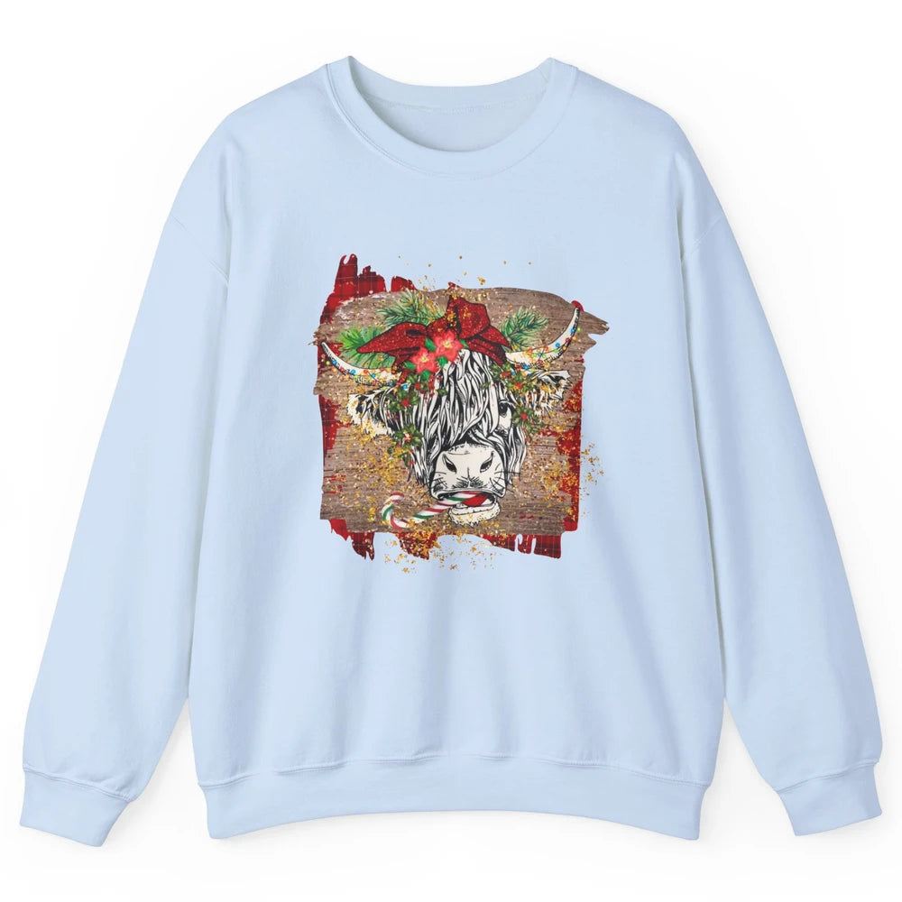 Christmas Highland Cow Bandana Western Christmas Cow Plaid Unisex Crewneck Sweatshirt