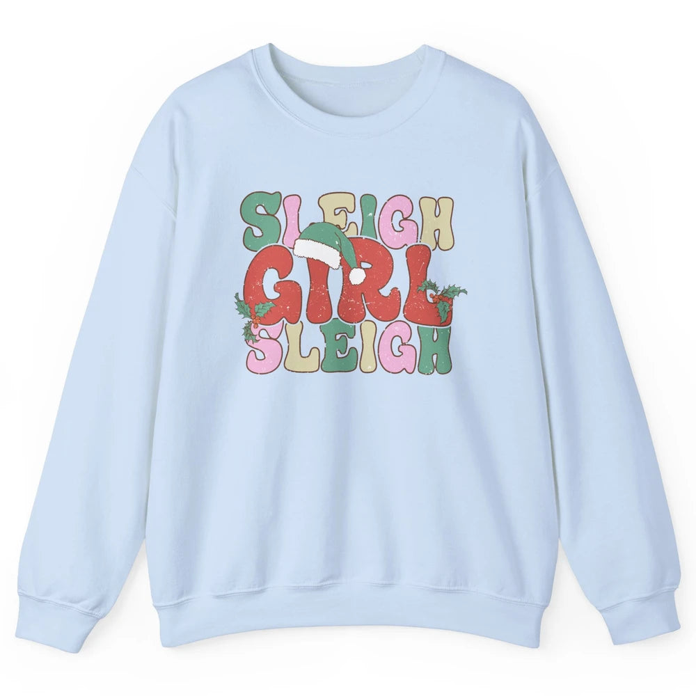 Retro Groovy Christmas Sleigh Girl Sleigh Santa Hat Winter Unisex Crewneck Sweatshirt
