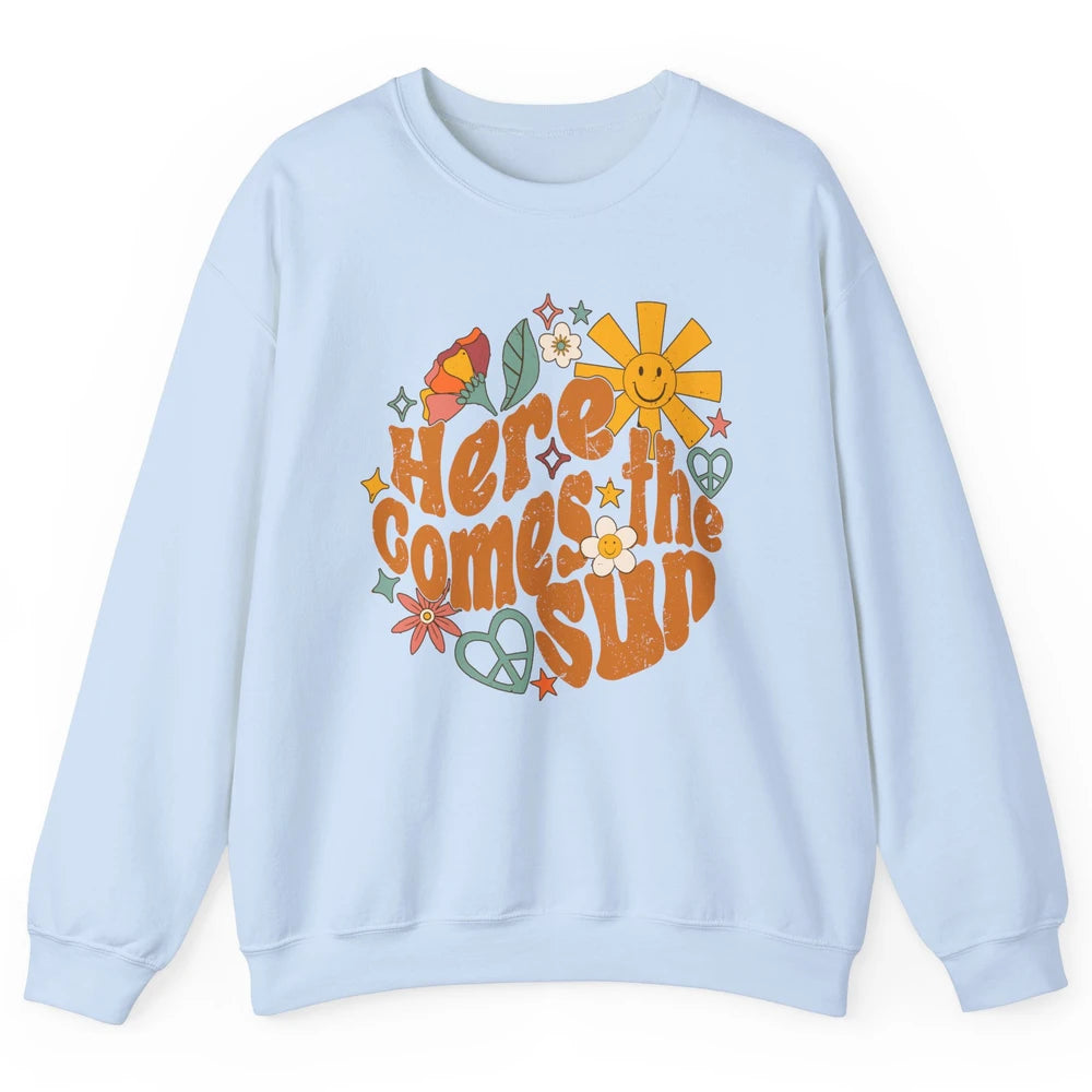 Retro Daisy Rainbow Sunrise Here Comes The Sun Hippie Girl Unisex Crewneck Sweatshirt
