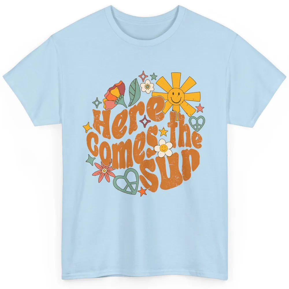 Retro Daisy Rainbow Sunrise Here Comes The Sun Hippie Girl Classic Unisex T-Shirt