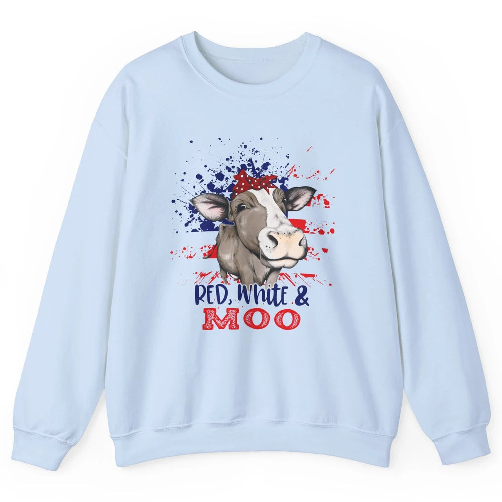 Red White Moo Cow America Flag 4th of July Patriotic Unisex Crewneck Sweatshirt