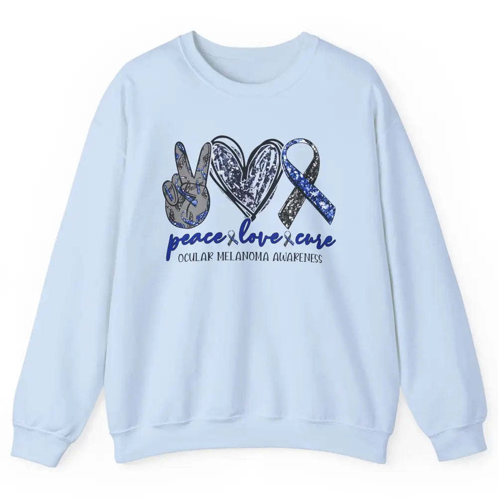 Ocular Melanoma Awareness Peace Love Cure Blue Ribbon Unisex Crewneck Sweatshirt