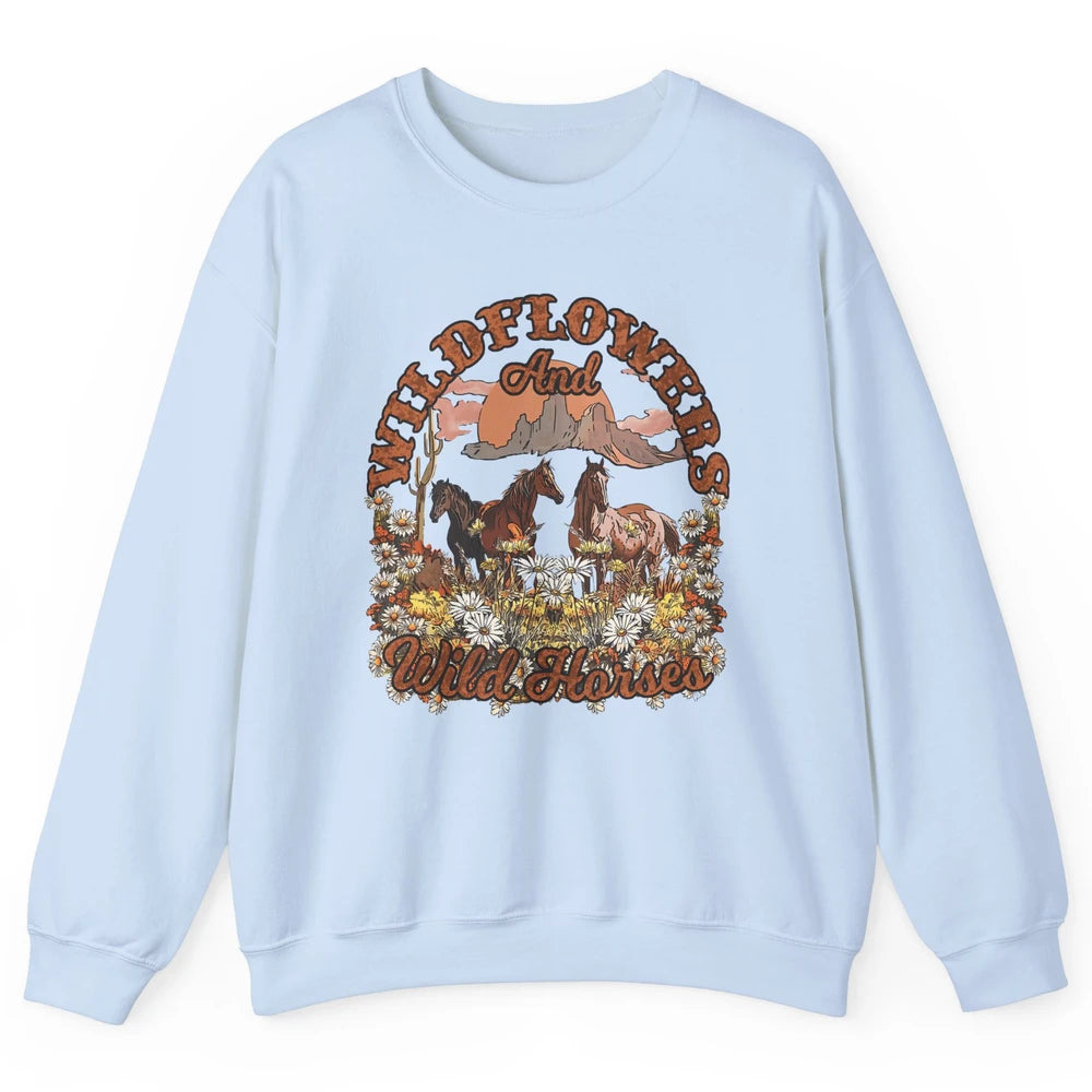 Retro Floral Desert Wildflowers Wild Horses Western Country Unisex Crewneck Sweatshirt