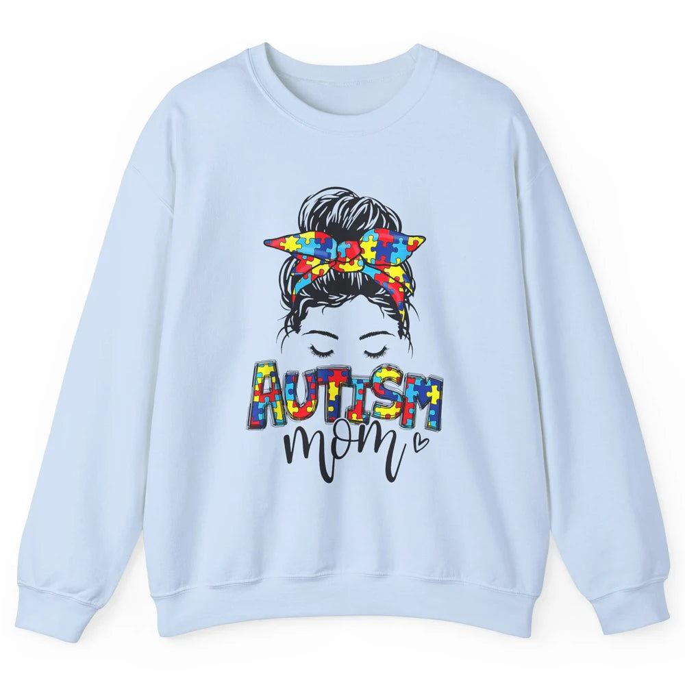 Autism Mom Messy Bun Hair Autism Awareness Puzzle Headband Unisex Crewneck Sweatshirt