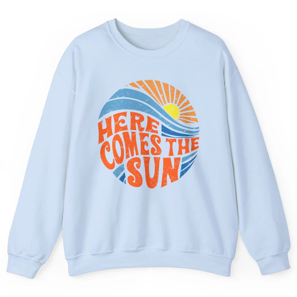 Retro Rainbow Sunrise Here Comes The Sun Hippie Girl Unisex Crewneck Sweatshirt