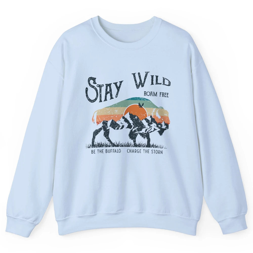 Retro Buffalo Mountain Sunset Stay Wild Roam Free Western Unisex Crewneck Sweatshirt